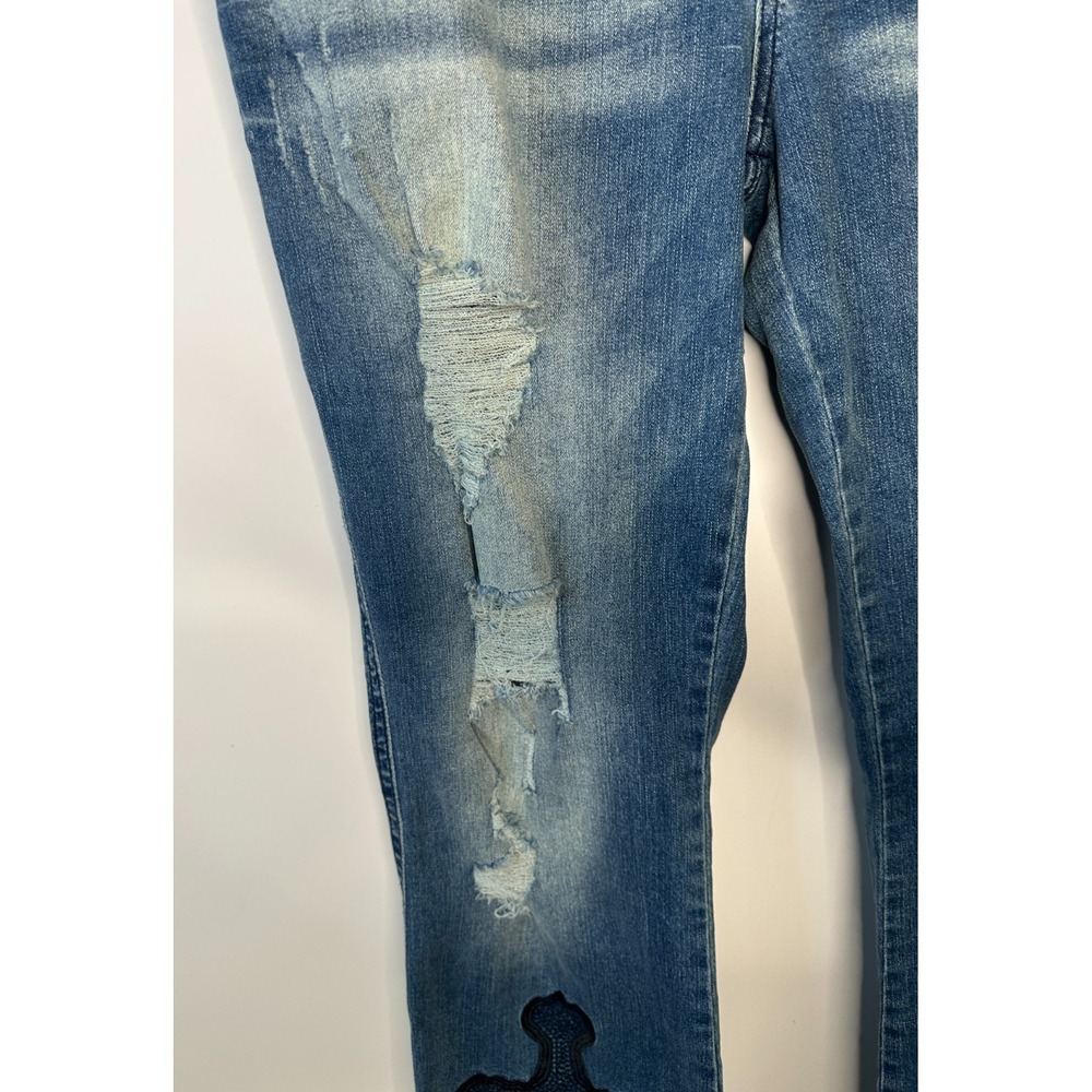 FLAMINGALS Cross Embroidery Ripped Double Button Mid Rise Bootcut Jeans 2XL - Picture 5 of 15